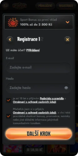 Registrační obrazovka casina Gransino
