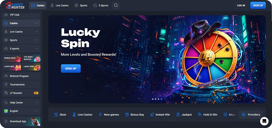 Snímek hlavní stránky casina Lucky Hunter