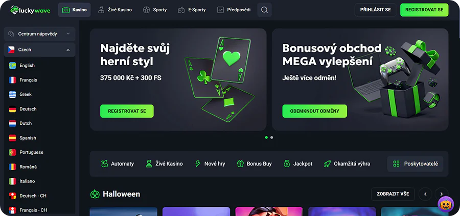 Snímek hlavní stránky casina Luckywave